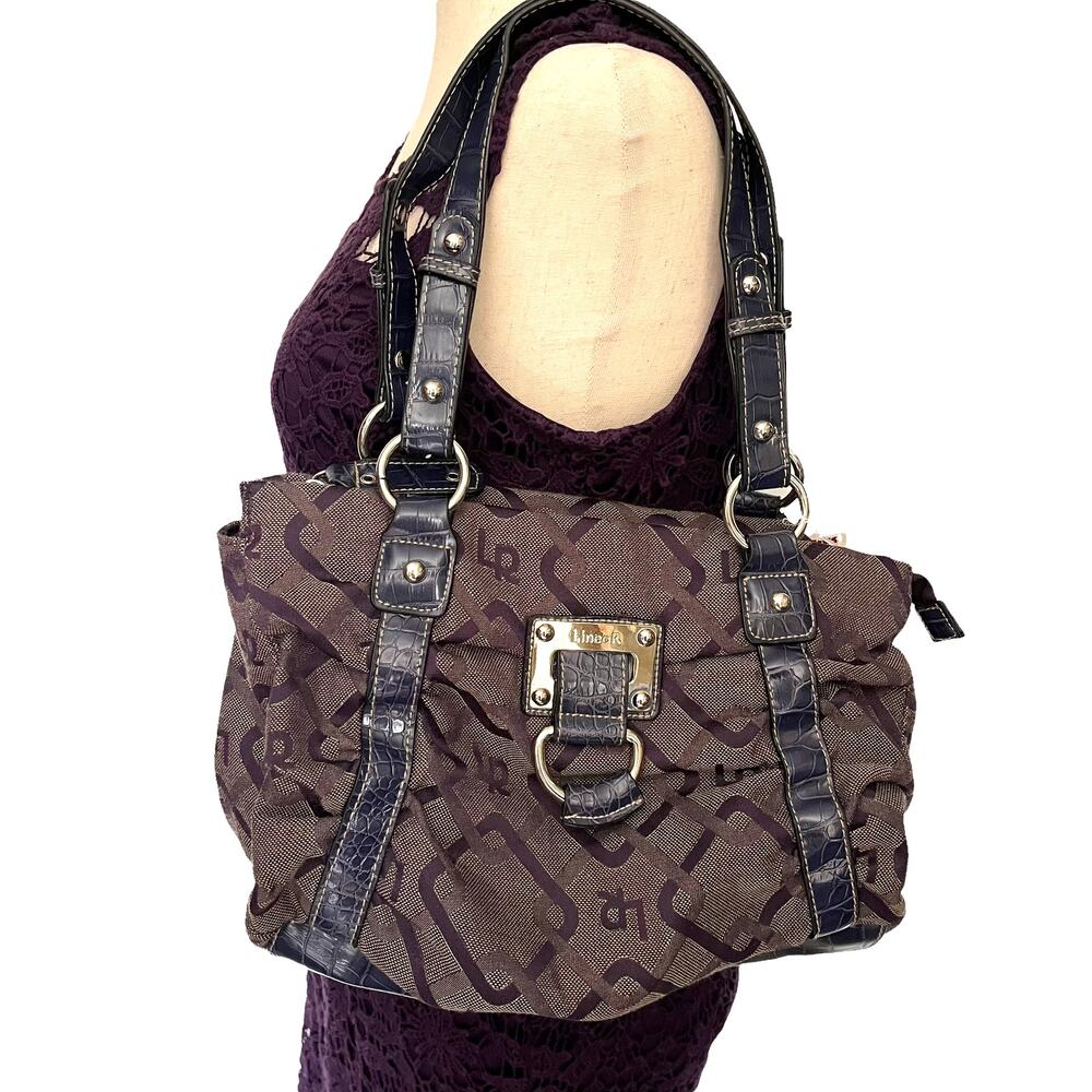 LineaR Fabric Shoulder Bag Purse Purple Double Handle Faux Croc Geometric